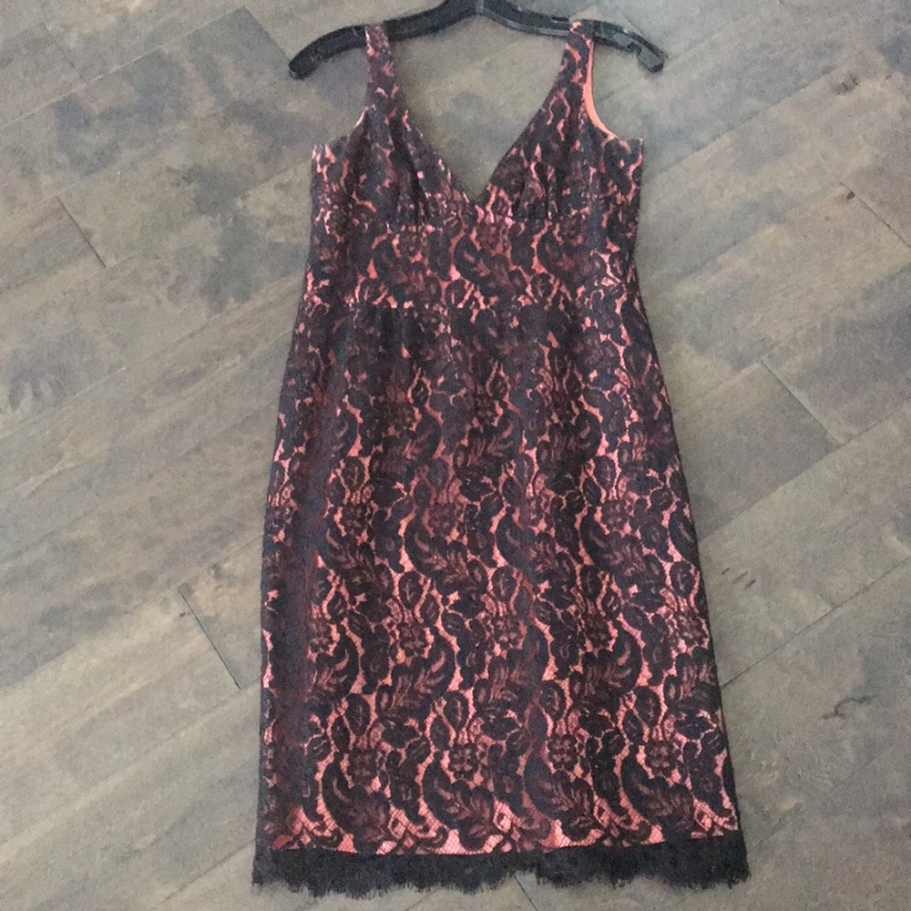 Trina Turk black lace dress with pink underlay